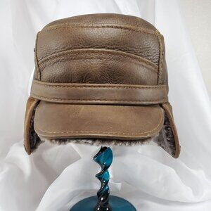 Ricardo BH Brown Leather Aviator Hat With Faux Fur Lining Elmer Fudd Ear flaps